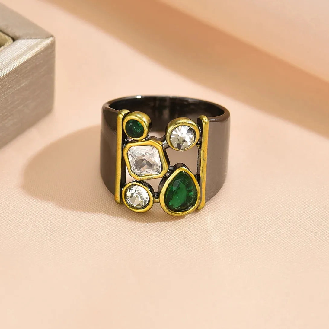 Vintage Silver Color Women's Ring Wide Creative Imitation Crystal Zinc Alloy Jewelry