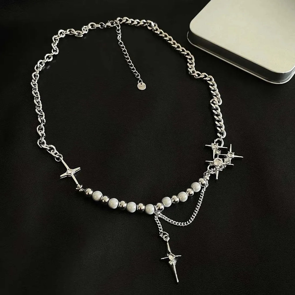 Kpop Star Pendant Necklace Men Women Beaded Pearl Tassel Choker Jewelry
