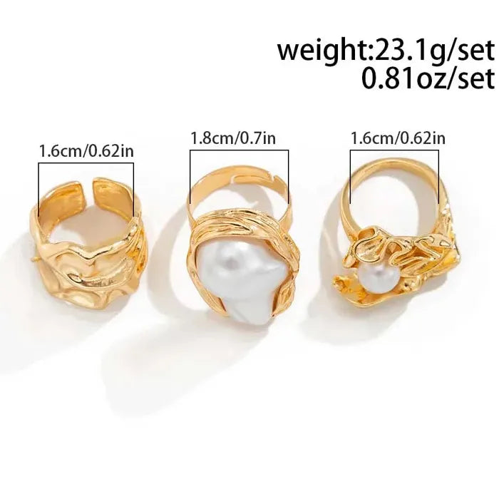6Pcs Women’s Vintage Gold Pearl Open Rings Set Featuring Crystal Flower Design