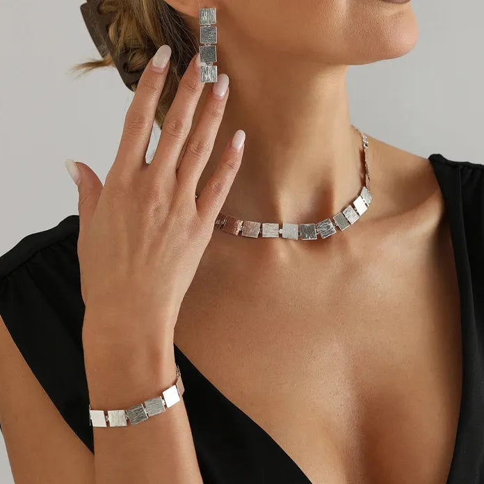 Brushed Metal Retro Square Necklace Bracelet Earrings Set for Women Jewelry Gift