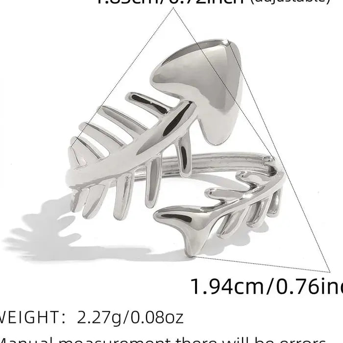 Adjustable Stainless Steel Fish Bone Open Ring for Women Gold Tone Jewelry Symbolic Gift