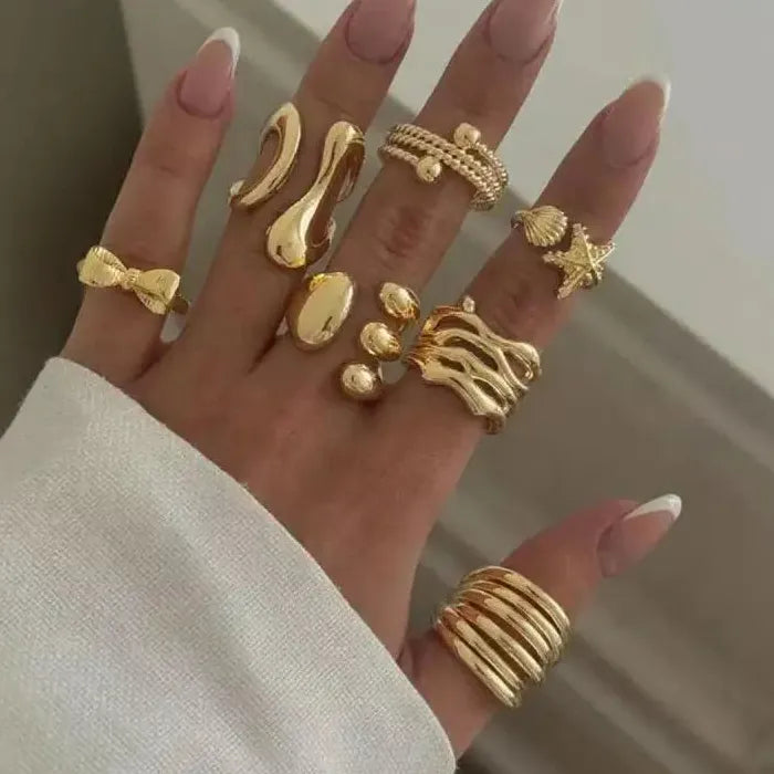 7Pcs Adjustable Geometric Bow Knot Starfish Rings Set Unisex Fashion Jewelry