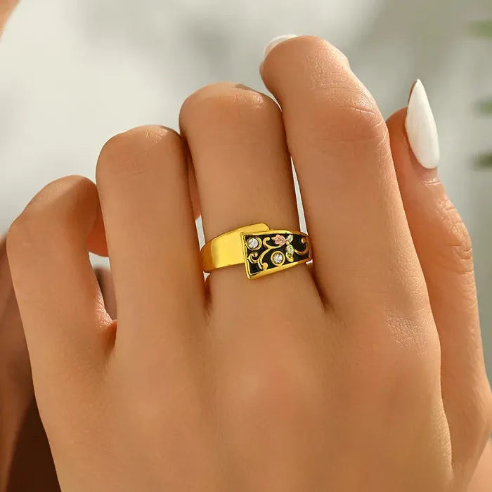 Vintage Inlaid Epoxy Resin Women's Ring Gold Charm Luxury Western Style Jewelry