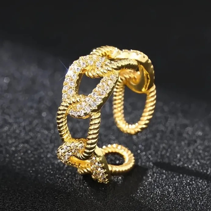 Adjustable Gold Brass CZ Chain Link Geometric Ring for Women