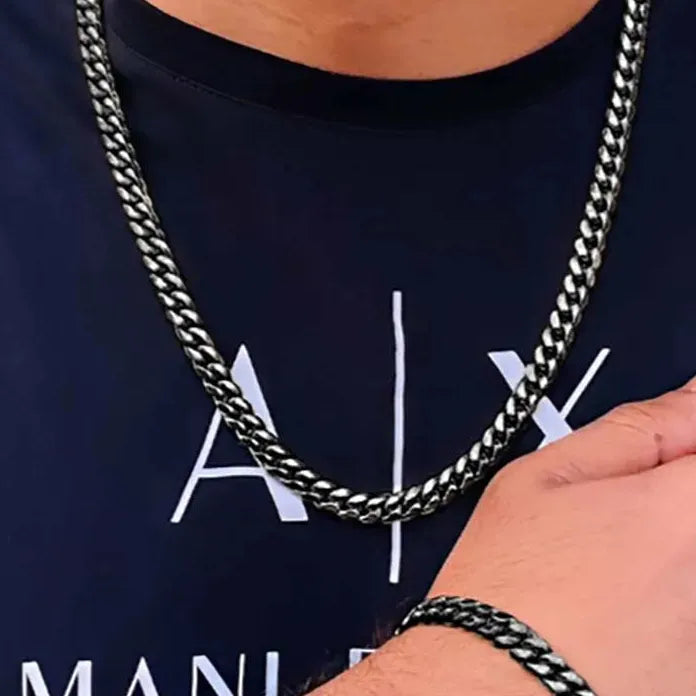 Punk Hip Hop Stainless Steel Cuban Chain Necklace & Bracelet Set Men Women