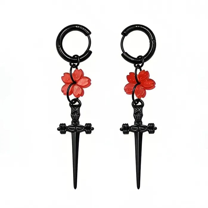 Punk Black Sakura Blade Small Hoop Earrings Gothic Cherry Blossom Jewelry
