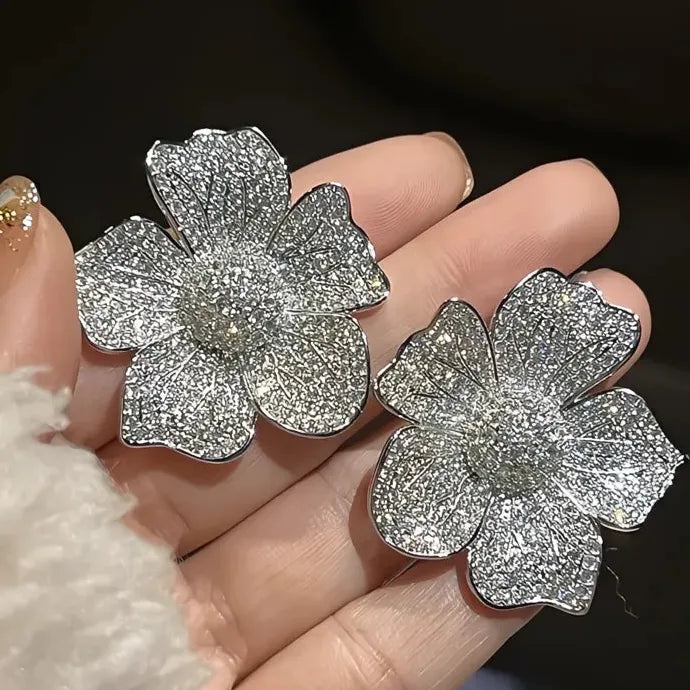 Big Flower Cubic Zirconia Geometric Stud Earrings Wedding Jewelry for Women