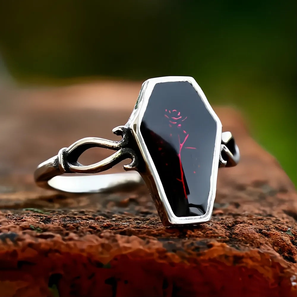 316L Stainless Steel Coffin Flower Ring Punk Vintage Biker Jewelry for Men Women