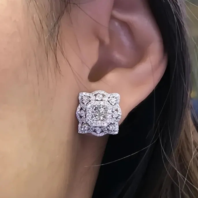 Square Silver Geometric Cubic Zirconia Stud Earrings for Women Jewelry