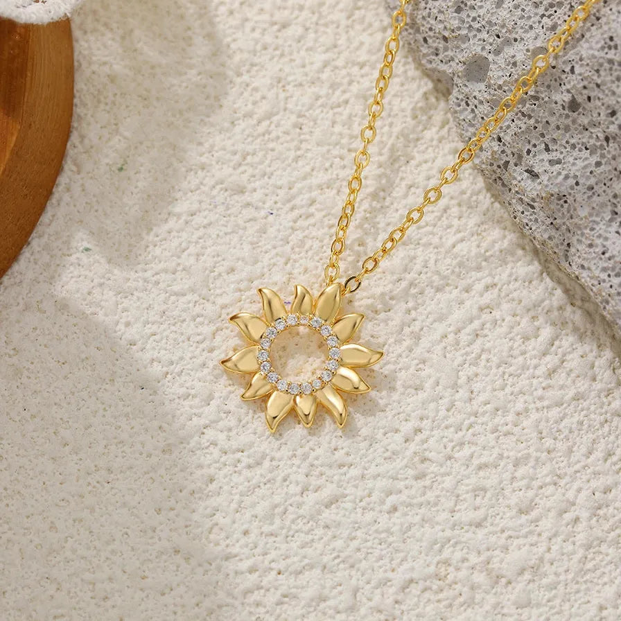 Sunflower CZ Zircon 18K Gold Plated Geometric Pendant Necklace for Women Gift