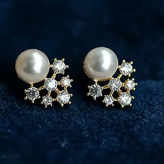 Geometric Pearl Stud Earrings with Shiny Star CZ Copper Alloy Jewelry for Women