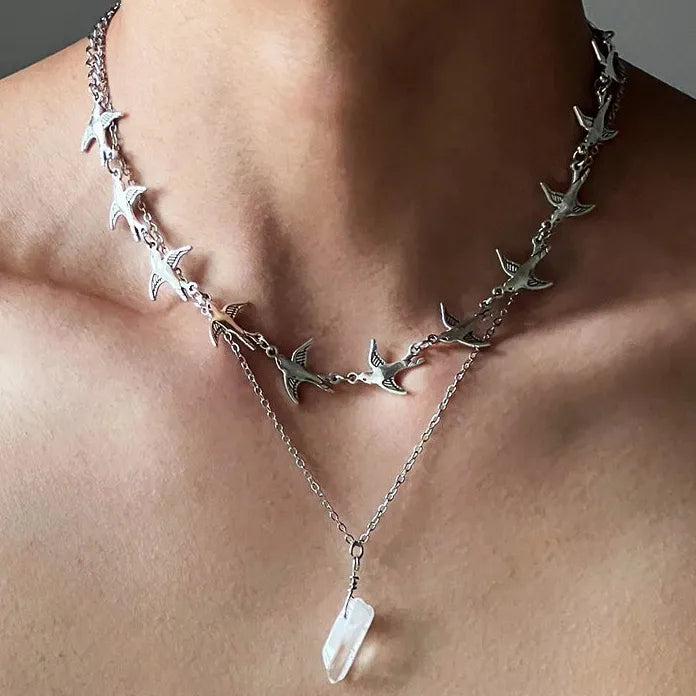 Creative Metal Flying Bird Double Layer Choker Necklace for Men Women Jewelry
