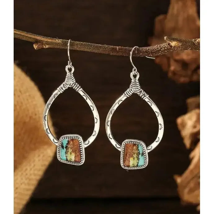 Vintage Bohemian Silver Elliptical Drop Earrings for Women Zinc Alloy Jewelry Gift