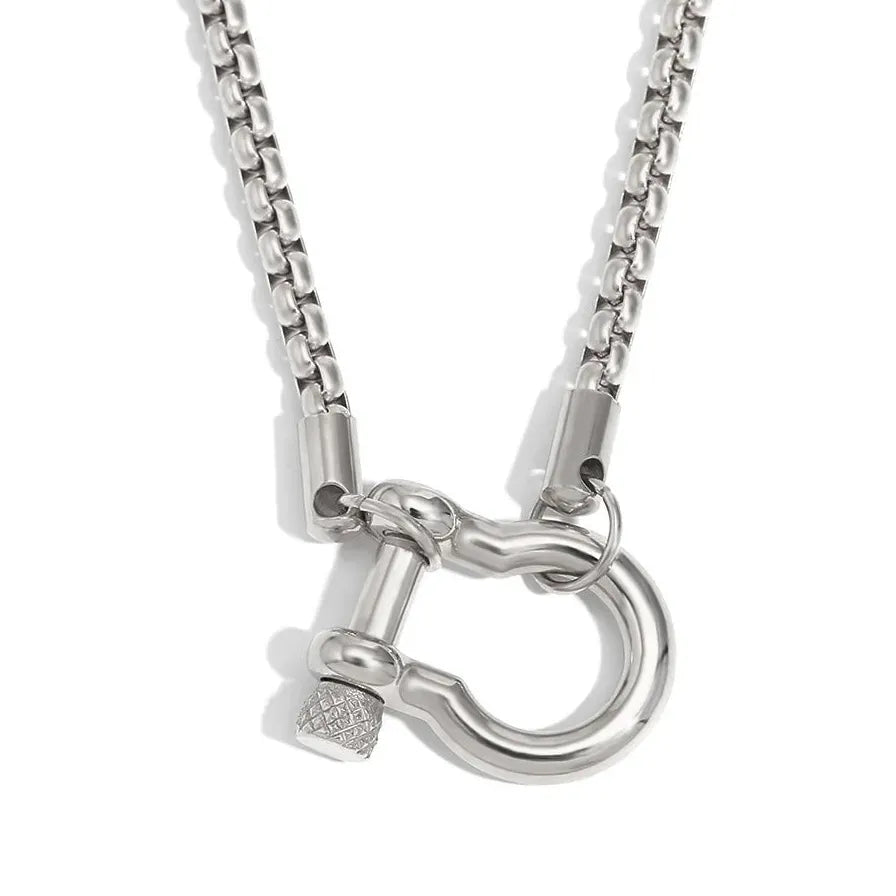 Vintage Chunky Square Metal Chain Horseshoe Necklace 316L Stainless Steel Choker Pendant