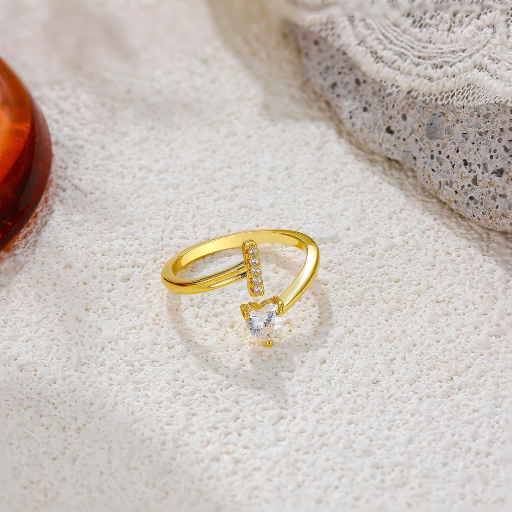 Polished Gold Plated Copper A-Z Letter Initial Ring with Zircon Heart Wedding Jewelry