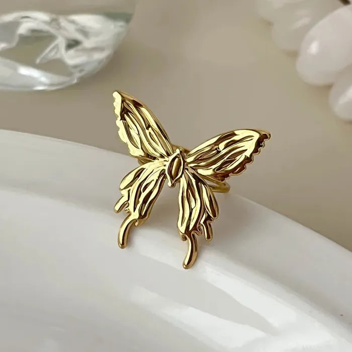 Adjustable Stainless Steel Butterfly Heart Geometric Open Ring for Women Jewelry