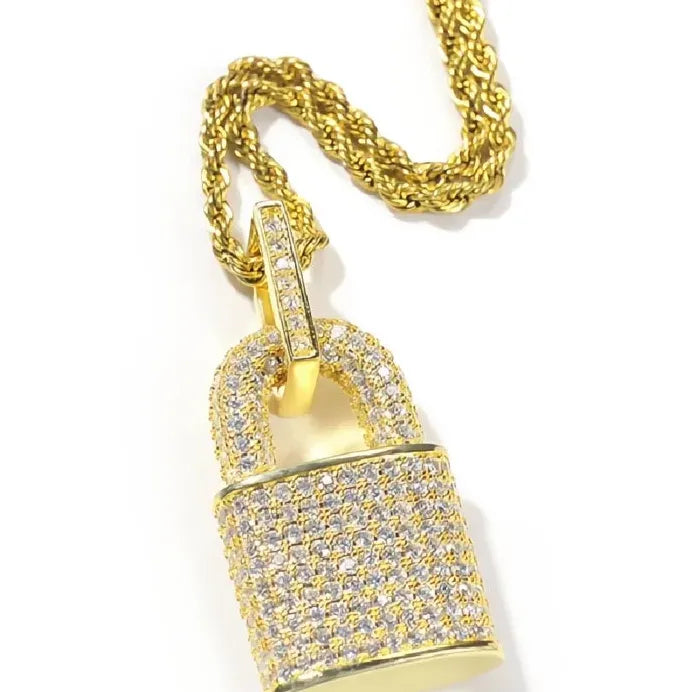Rock Lock Cubic Zirconia Pendant Necklace Unisex Hip Hop Statement Jewelry