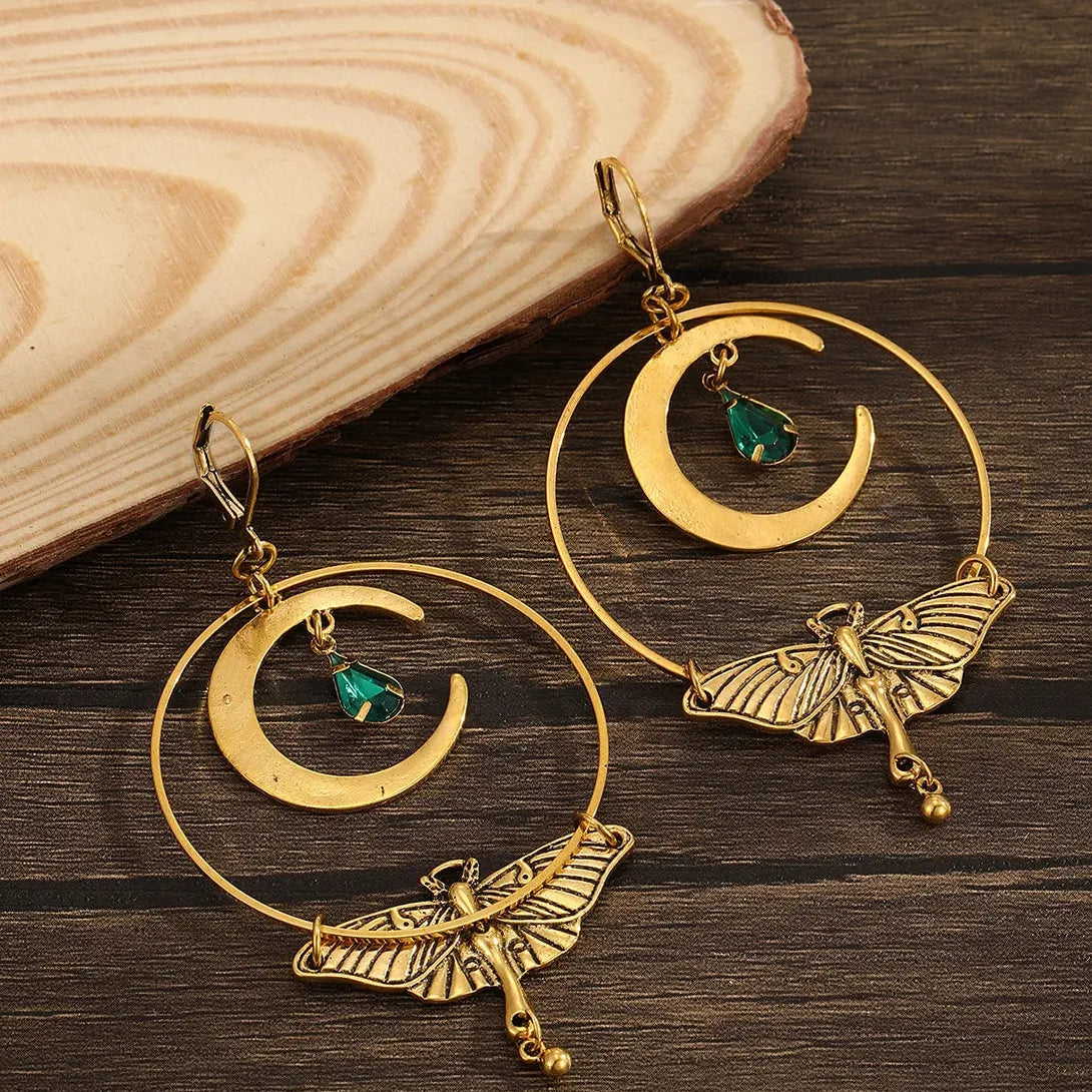 Bohemian Moon Moth Zinc Alloy Earrings for Women, Fashion Jewelry Gift