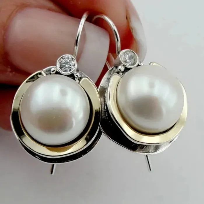 Vintage Two Tone Imitation Pearl Drop Earrings for Women Zinc Alloy Jewelry