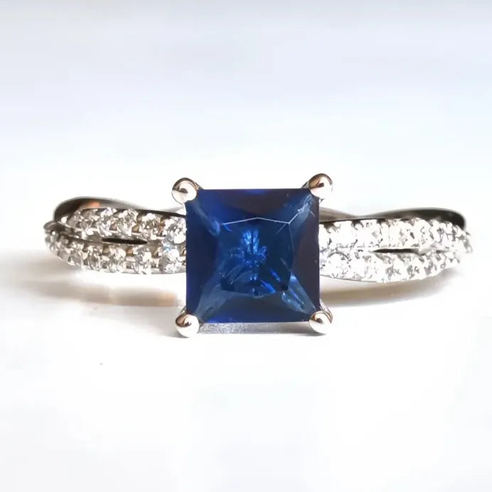 Princess Blue Cubic Zirconia Brass Wedding Band Ring for Women Elegant Jewelry