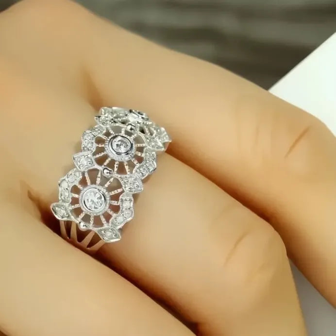 Elegant Silver Women’s Geometric CZ Ring Hollow Out Fashion Band