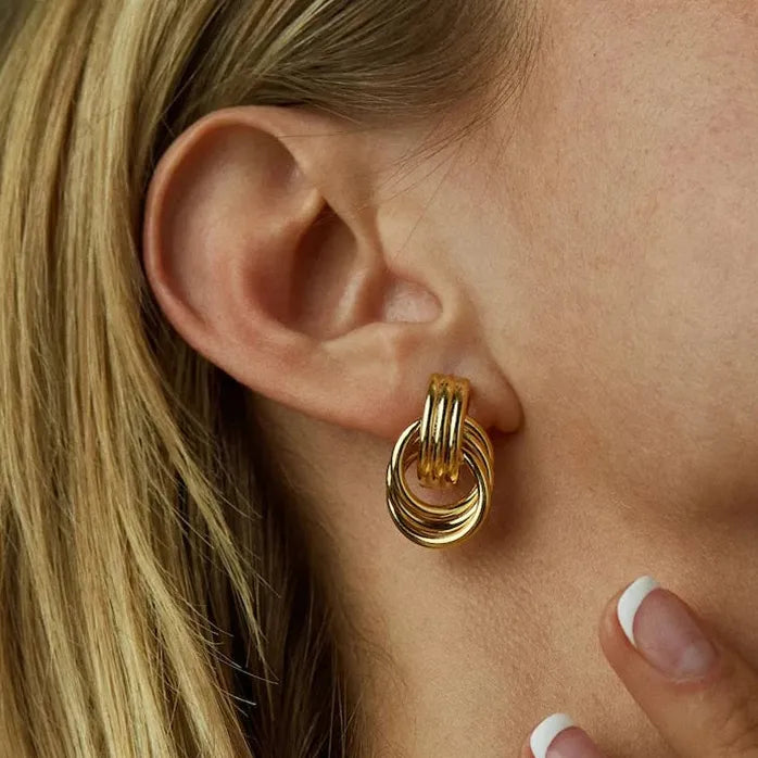 Gold Copper Alloy Three-Layer Textured Knot Earrings Women Vintage Jewelry