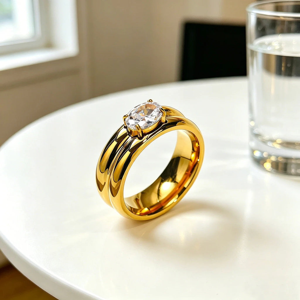 Minimalist Waterproof 18K Gold Plated Titanium Steel Double-layer Circle Rings Wedding Jewelry