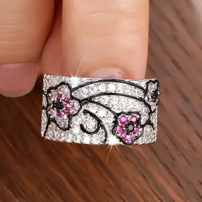Elegant Pink Flower Cubic Zirconia Brass Ring for Women Fashion Jewelry
