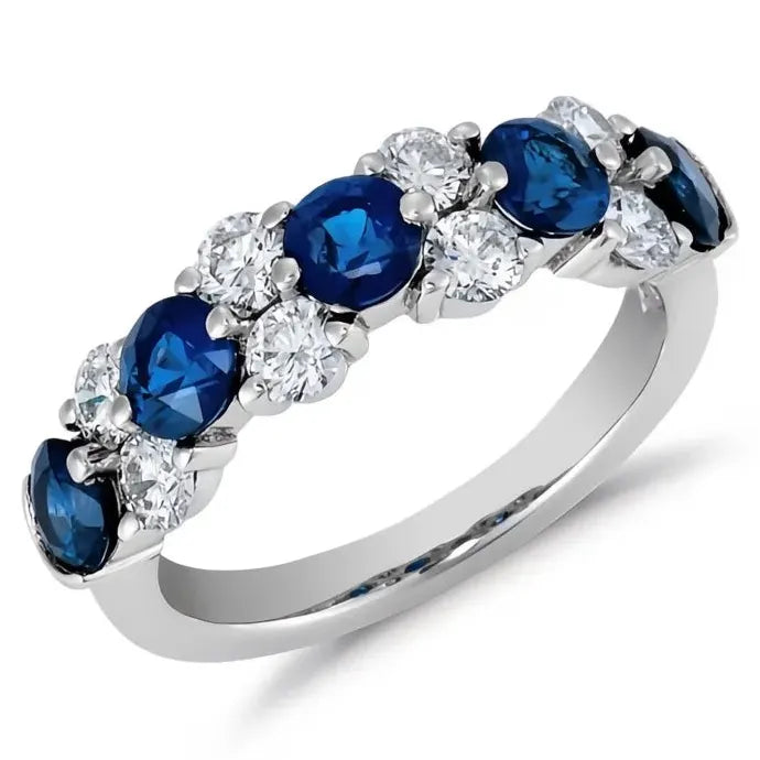 Silver Geometric Ring with Blue White CZ Brass Wedding Band for Women