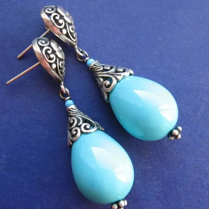 Vintage Hand Carved Flower Resin Zinc Alloy Water Drop Earrings Women