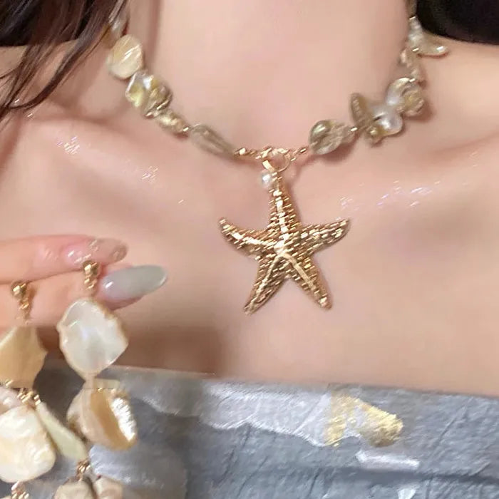 Natural Sea Star Shell Jewelry Set Necklace Earrings Bracelet Gift
