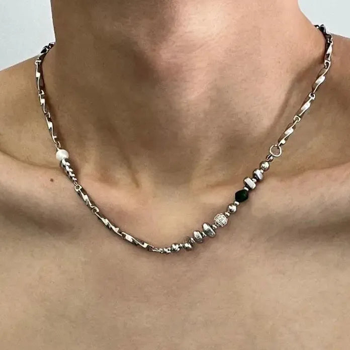 Punk Stainless Steel Irregular Beaded Splicing Circle Choker Necklace Men Hiphop Jewelry