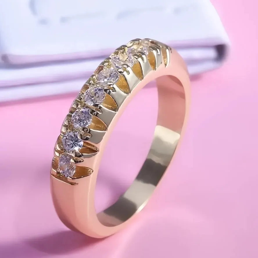 Golden Brass Office Lady Ring with Cubic Zirconia Halo, Geometric Design, Sizes 6-10, Casual Female Jewelry