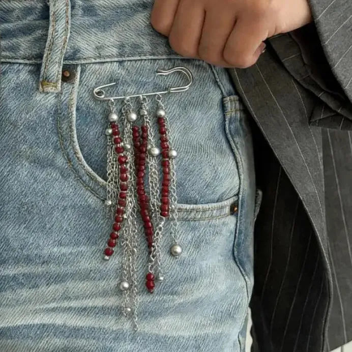 Retro Red Beaded Tassel Punk Brooch Pin Zinc Alloy Metal Jewelry