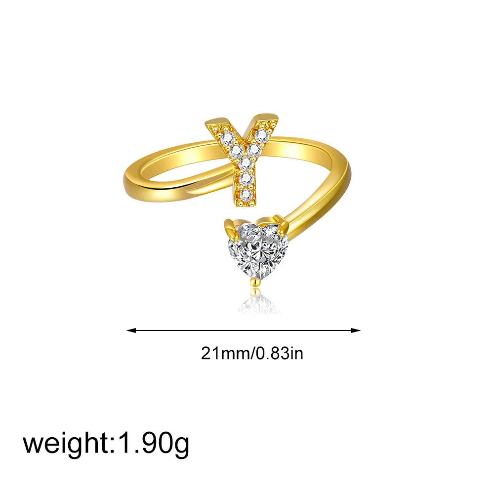 Polished Gold Plated Copper A-Z Letter Initial Ring with Zircon Heart Wedding Jewelry