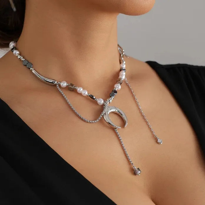 Pearl Crescent Moon Pendant Necklace for Women Zinc Alloy Beaded Chain Gift