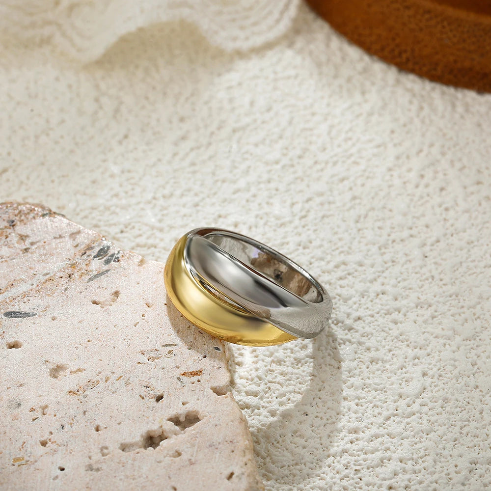 Punk Gold & Silver Stainless Steel Double Circle Ring Waterproof Wedding Jewelry