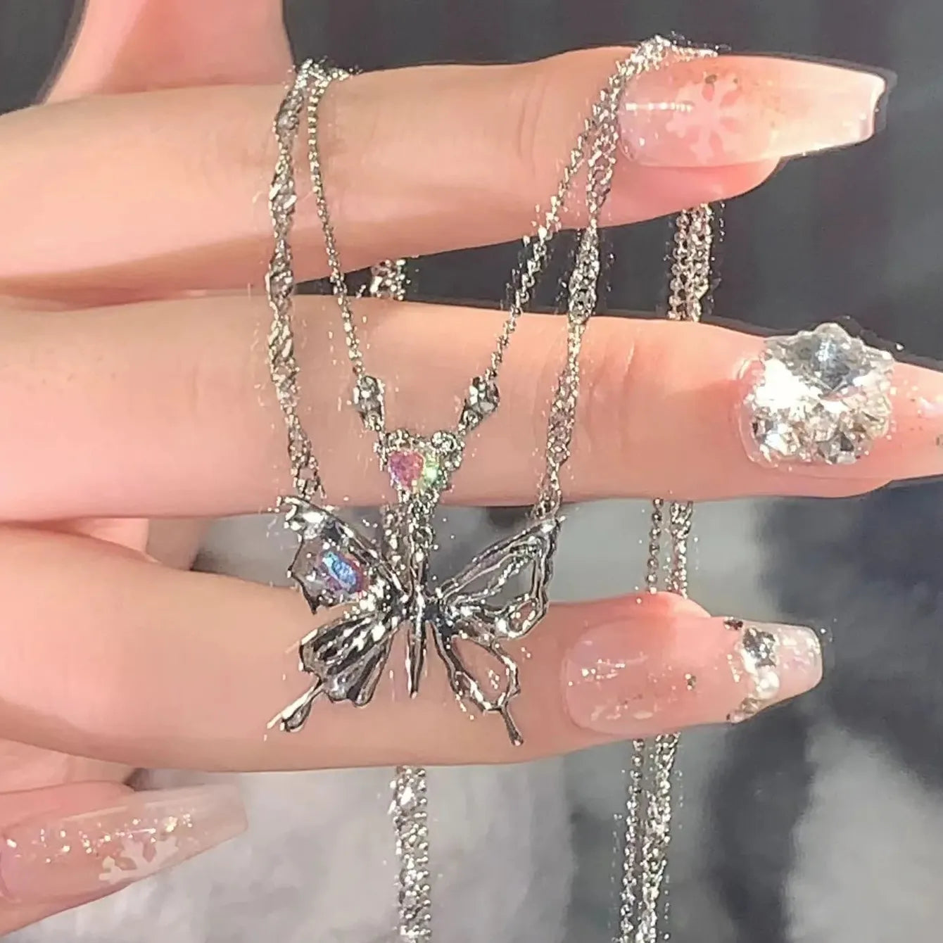 Vintage Y2K Butterfly Pendant Necklace Zinc Alloy Double Chain for Women