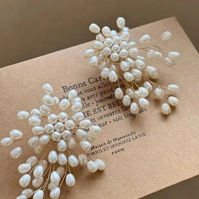 Vintage Imitation Pearl Flower Earrings for Women Handmade Beaded Tassel Jewelry