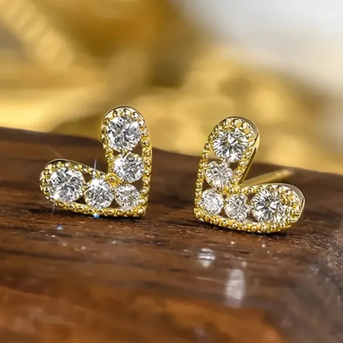 Gold Heart Stud Earrings Cubic Zirconia Love Jewelry Trendy Party Gift