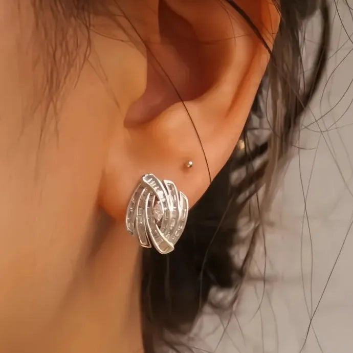 Geometric Square Cubic Zirconia Stud Earrings Silver Color Copper Alloy Jewelry
