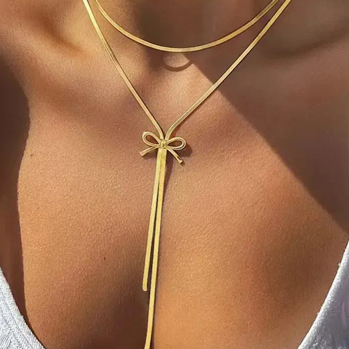 French Style Retro Minimalist Bow Necklace for Women Stainless Steel Pendant Jewelry
