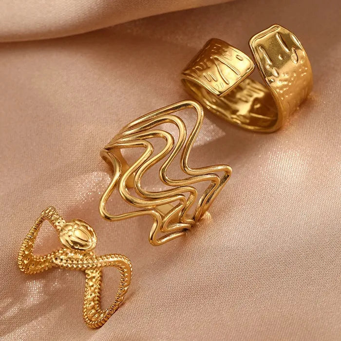 Stainless Steel Geometric Threaded Hip-Hop Ring Set for Women Jewelry Accessory