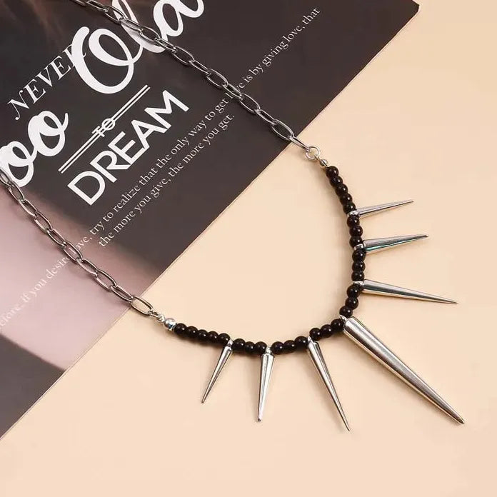 Punk Black Beads Rivet Choker Necklace Men Women Spike Tassel Y2K Jewelry
