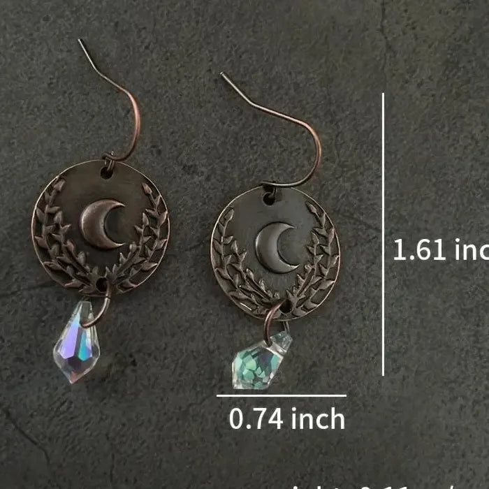 Vintage Red Copper Moon Pattern Drop Earrings for Women with Crystal Pendant Jewelry