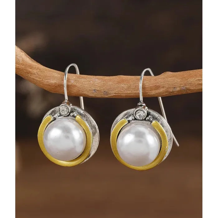 Vintage Two Tone Imitation Pearl Drop Earrings for Women Zinc Alloy Jewelry