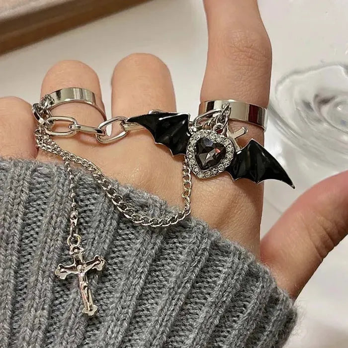Gothic Black Bat Wing Cross Crystal Double Finger Ring for Men Women Jewelry