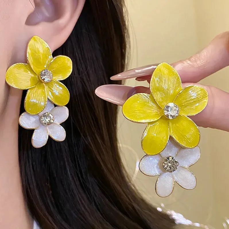 Vintage Double Layer Dripping Oil Flower Drop Earrings for Women Girls Stylish