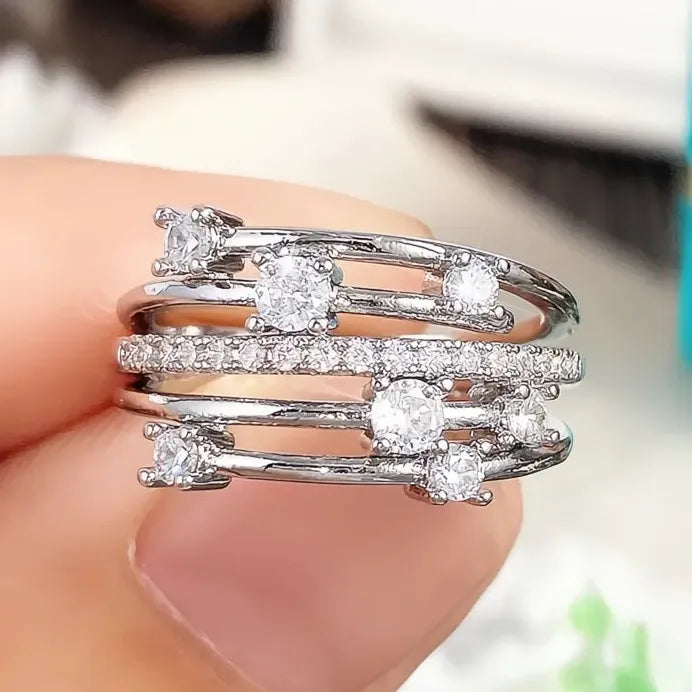 Geometric Multi-layer Cubic Zirconia Cross Wedding Band Ring for Women