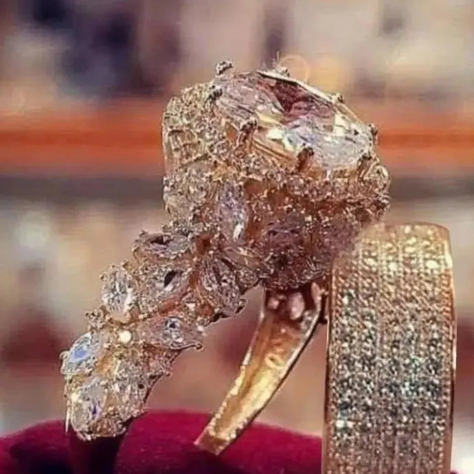 Luxury Princess Cubic Zircon Zinc Alloy Ring Set Bridal Wedding Jewelry for Women